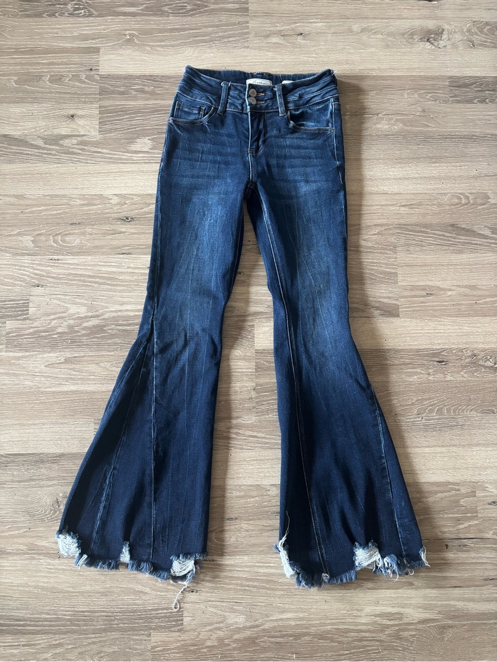 Kan Can Signature Dark Blue Flared Women's Jeans with Raw Hem - Picture 2 of 4